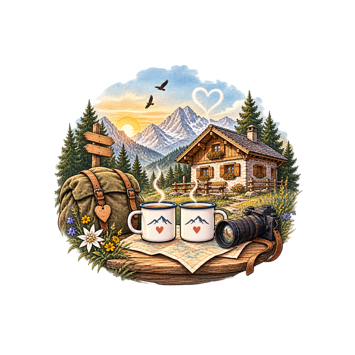 Illustration zum Hüttenalltag mit Berghütte, Bergen, Tassen und Wanderausrüstung