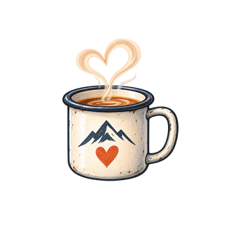 Emailletasse mit Bergmotiv und Herz
