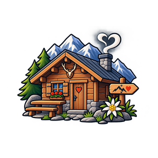 Illustration einer Berghütte mit Herz