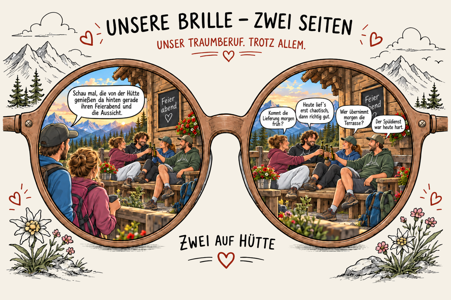 Unsere Brille zeigt den Feierabend eines Hüttenteams: für Gäste Bergidylle, für das Team Gespräche über Lieferung, nächsten Tag und Arbeit