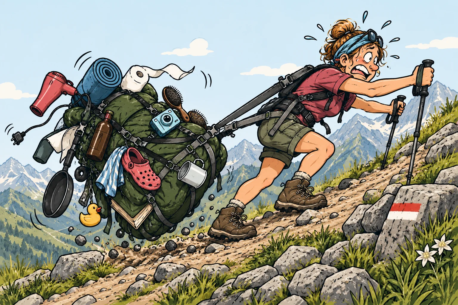 Zu schwerer Rucksack zieht Wanderin beim Aufstieg zurück